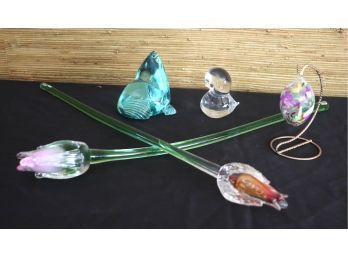 Five Decorative Glass Pieces Including Two Glass Tulips By Skadlovice