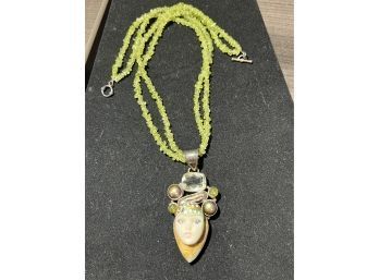 Pretty Sterling Pendant By Eros With Female Face And Embelishments On Green Stone 16' Chain