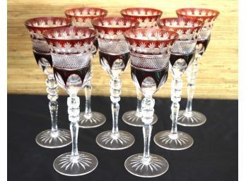 Beautiful Set Of 8 Czech Cut To Clear Etched Crystal Wine Glasses