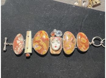 Rainbow Jasper Sterling Bracelet With By Eros With Doll Face And Embelishments