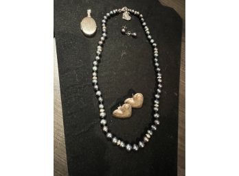 17'Freshwater Pearl Necklace And Earrings With Sterling Heart Earrings And Sterling Pendant
