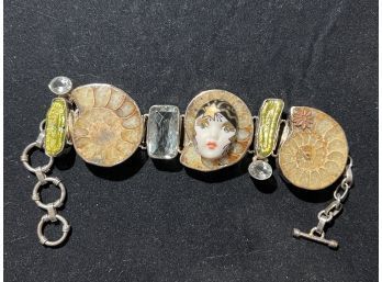 Pretty Sterling And Stone Bracelet With Female Face And Embelishments By Eros. A Stunner!!