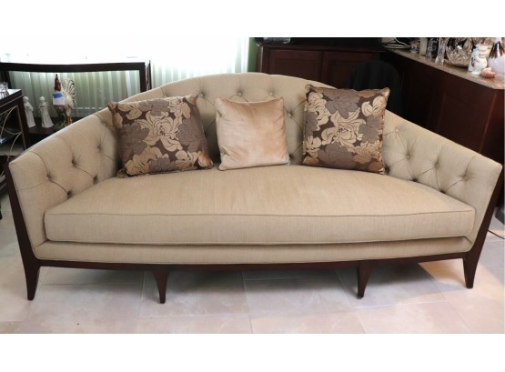 Schnadig Quality Demilune Sofa With A Tufted Back, Nice Dark Wood Finish, Includes Accent Pillows