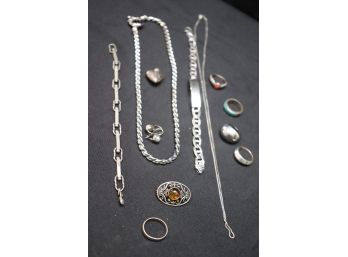 Sterling Silver Jewelry Includes Heavy Sterling Necklace, Sterling Id Bracelet, Sterling Rings, Heart & Mor