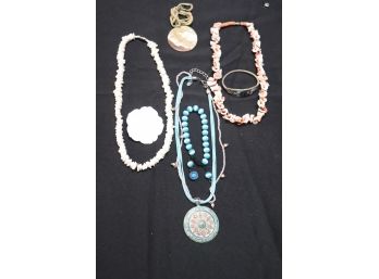 Collection Of Womens Jewelry Includes Shell Necklaces, Bracelets, Mother Of Pearl Pins