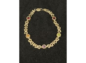 14K YG Link Bracelet W/5 Colored Stones
