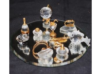 Collection Of Swarovski Miniatures Includes Bell, Perfume Bottle, Blowfish, Globe & Iron
