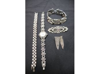 Sterling Bracelet, Sterling Quartz Watch, Sterling Marcasite Earrings, Bracelet With Matching Pin