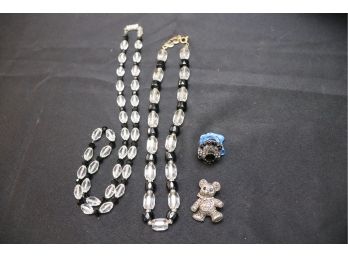 Womens Jewelry Includes Beaded Necklace With Matching Bracelets, Teddy Bear Pin & Pretty Ring