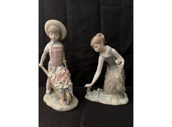 Lladro Figurines Girl Picking Flowers 1172 & Wheelbarrow With Flowers 1283 C-21N