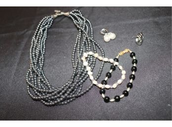 Womens Jewelry Includes Sterling/Hematite 8 Strand Necklace, Beaded Bracelet & 2 Pairs Of Earrings