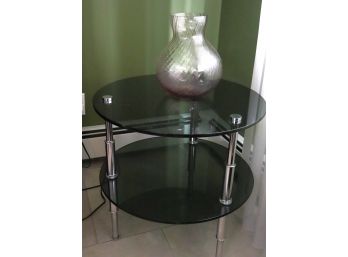 Small Round Smoke Glass Side Table On A Metal Base Includes A Pretty Purple Crackle Finish Vase