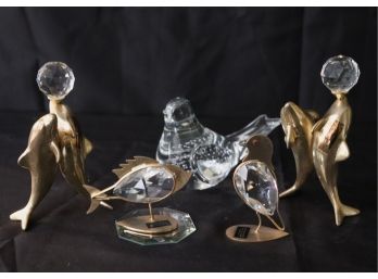 Includes 2 Golden Brass Dolphins With Fine Crystal Swarovski Fish, Bird & Handmade  Dove Bird