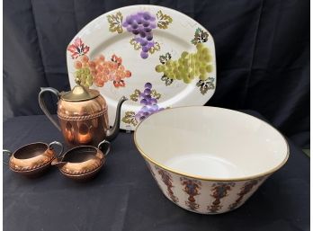 Collection Includes Silver On Copper Kettle, Sugar & Creamer, Large Platter By Casa Elite & Lenox Bowl