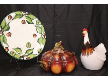 Large Gourd Shaped Soup Tureen, Large Serving Plate & Decorative Ceramic Rooster