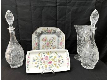 Etched Decanters With Stoppers, Pretty Floral Tray, Vase, Laudel Floral Plate & Hadron Hall Minton Tray