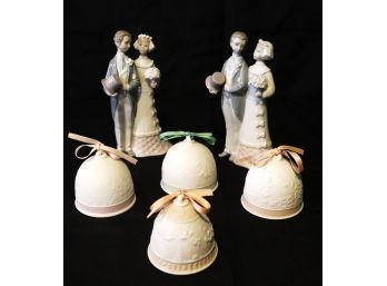 Lladro Holiday Christmas Bells, 1989, 91,92,93 & 2 Lladro Bride & Groom Figures C-25 My