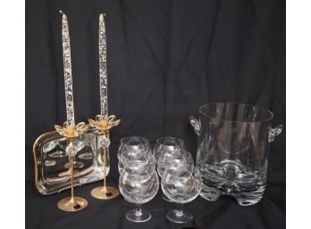 6 Cognac Glasses, Large Ice Bucket Krosno Poland, Lovsjo Floral Candle Holders & Tray Made In Italy Effepi