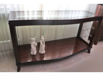 Raymour & Flanigan Wood & Glass Console Table With A Beveled Glass Top & Side Rails Includes Decorative Ang