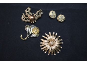 Womens Jewelry/Brooches Includes Trifari Floral Pin, Y&J, Sterling Plated Pin & Jomaz Clip On Earrings