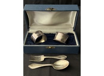 Silver Napkin Rings Made In England With A Lion Hallmark Tail Is Up Includes Small Sterling Fork & Spoon