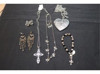 Collection Of Jewelry Includes Large Heart Locket & Pretty Cross