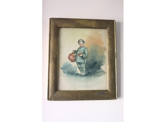 Framed Watercolor Of Asian Boy In Frame La Count