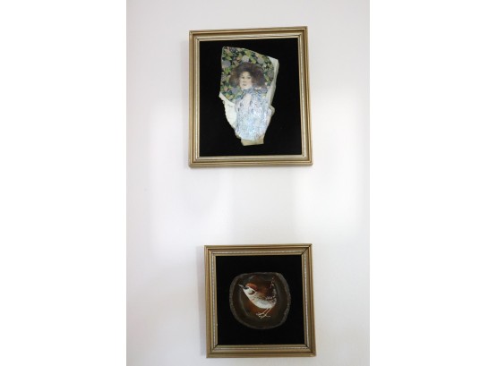 Hand Painted On Agate Wren Bird. Signed By Artist 5 X 5 Frame Painted Wen Lady On Stone