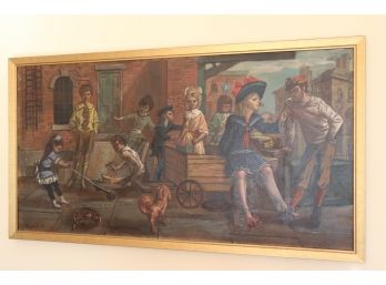 Original Painting By H. Leopold 1964 Fun Street Scene Approx. 52 X 28 Inches