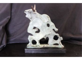 Squatting Bull Metal Art Sculpture Statue On Marble Base, Heavy Piece