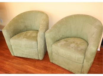 Pair Of Green  Industry Natuzzi Italian Swivel Club Chairs With A Suede Cloth Fabric