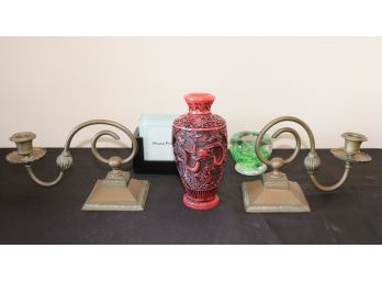 Carved Resin Vase W/ Dragon Motif Signed, Brass Candle Holders, Coaster Set & Blown Glass Candle Holder