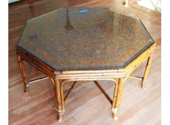.Intricate Carved Wood Antiqued Bamboo Table With Protective Glass Top