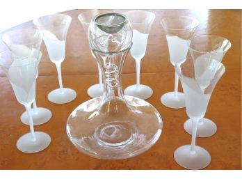 Collection Of Pretty Frosted Wine Glasses Includes Wine Decanter/Strainer