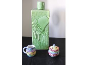 Large Green Crackle Finished Canister With Lid & Sugar & Creamer Set By Sanyo