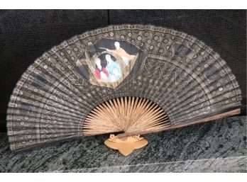 Pretty Hand Painted 2-Sided Asian Fan With Stand