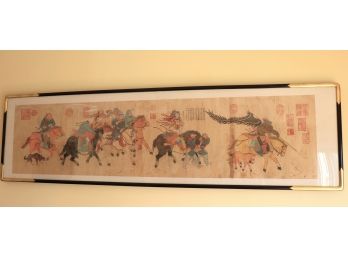 Long Japanese Woodblock Print Hunting Scene In A Quality Black/Gold Lacquered Frame Approx. 75.5 X 21