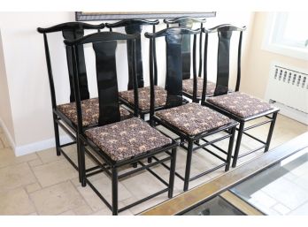 6 Ebony Lacquered Italian Designed Dining Chairs With Pretty Custom Elephant Tapestry Style Fabric