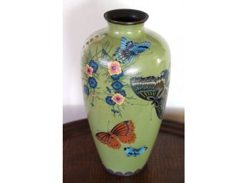 Tall Pretty Cloisonn Vase With Butterflies & Floral Detailing, 12 Inches Tall
