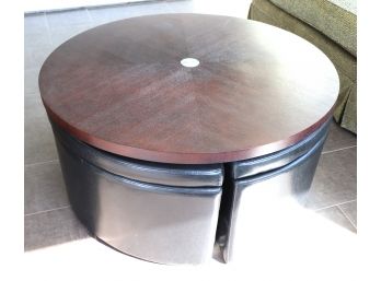 Round Coffee Table With Chrome Legs & Slide Out Storage Stools Manufactured For Sitcom Furniture