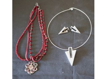 Jewelry Includes Matching Necklace With Pendant And Earrings & Pretty Red Beaded Necklace