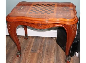 Vintage Carved Inlaid Game Table With Large Brass Claw Feet
