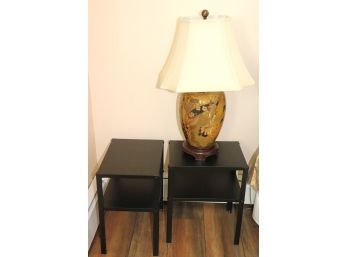 Pair Of Small Metal Side Tables With Asian Style Table Lamp