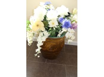 Large Ceramic Planter With Faux Floral Display, Very Pretty Piece Approx. 16 X 17 Inches