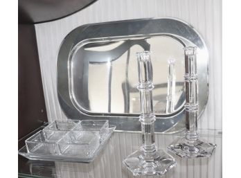 Tiffany & Co Crystal Candlesticks & Large Abstract Arthur Krupp Stainless Tray Italy