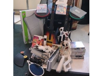 Nintendo Wii With Accessories, Games, Guitars, Drum Pad, Controls, Guitar Hero & Wii Fit Board