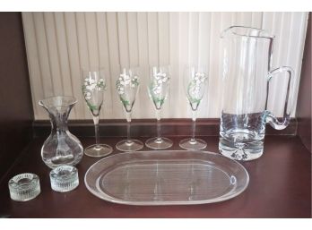 Collection Of Painted Champagne Flutes, Glass Cocktail Pitcher, Tray & Small Candle Holders