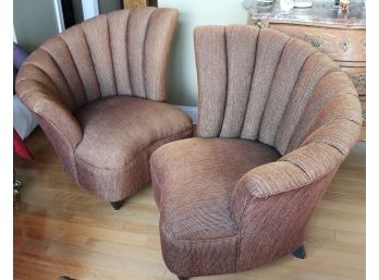 Pair Of Hollywood Regency Scalloped Asymmetrical Lounge Chairs With Channel Backing