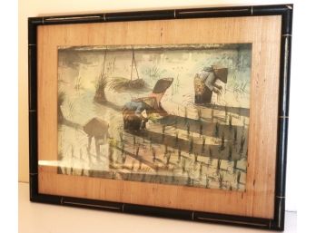 .Framed Print Rice Field By A.B Ibrahim -Signed In A Bamboo Style Frame
