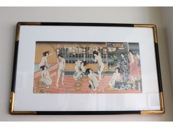 Japanese Woodblock Kunisada II Print Nude Spa Scene In Frame